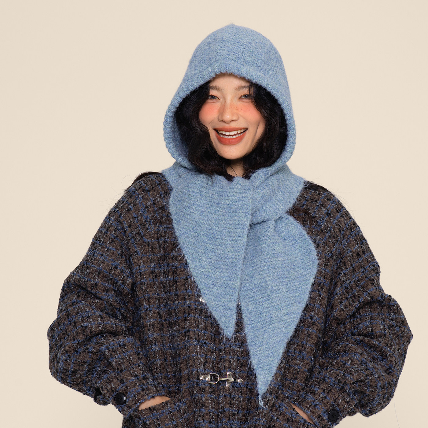 thumbnail for Scarf integrated warm knit hat winter Korean ins hat thickened ear guard balaclava beanie