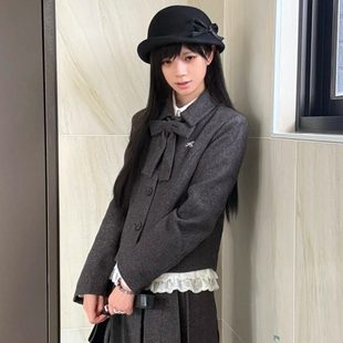 赫礼颂/本治高等学院制服格雷系优雅毛呢外套蕾丝新春套装