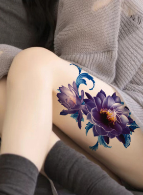 6张彩绘蓝色牡丹花朵性感纹身贴仿真防水持久花臂遮疤痕腿锁骨肚
