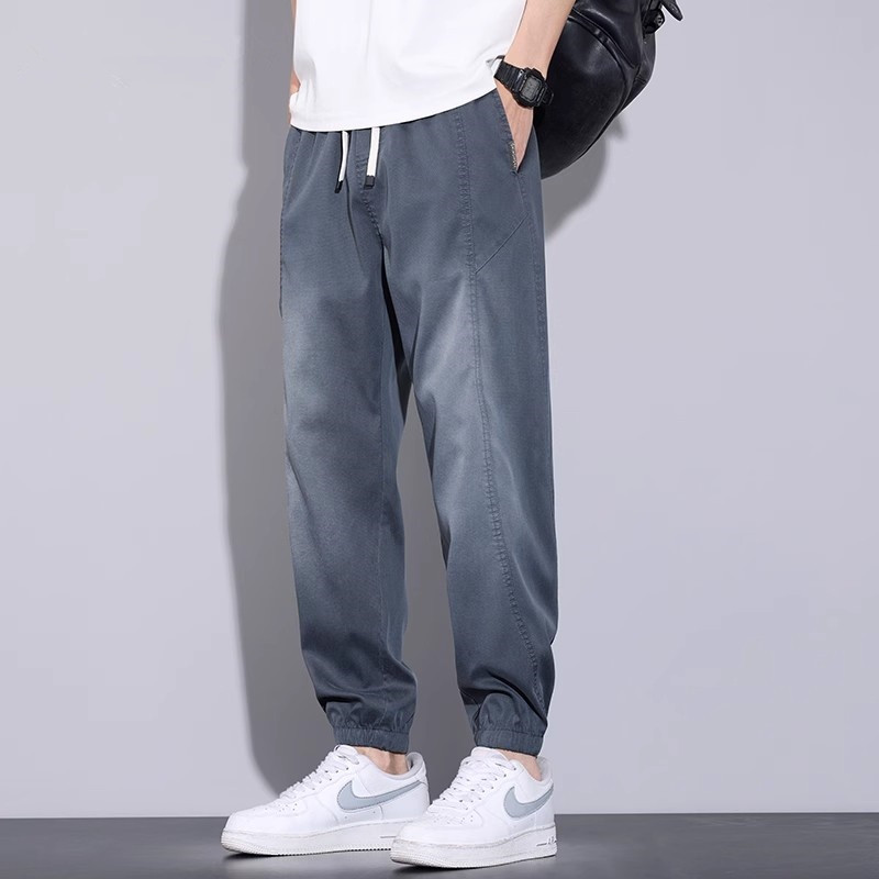 天丝牛仔裤男士夏季薄款宽松哈伦束脚美式潮牌拼接冰丝休闲长裤子