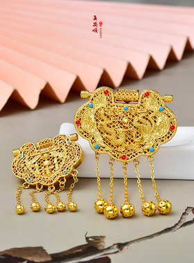 镀真黄金长命锁吊坠民族风龙凤锁