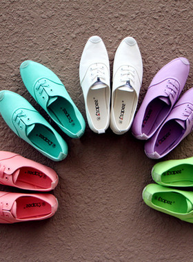 韩国白色帆布鞋女低帮韩版春糖果色尖头平底透气休闲粉色系带女鞋