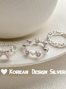 蝴蝶结粉钻s925纯银戒指ins小众轻奢少女心甜美粉色爱心开口指环