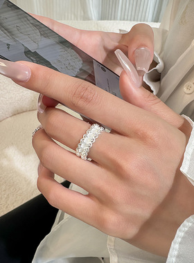 S925纯银法式蕾丝花边拉丝戒指轻奢中古vintage雕花镂空开口戒指