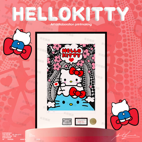 富士山黑色草间弥生Kitty猫画小女孩房间挂画卧室装饰画