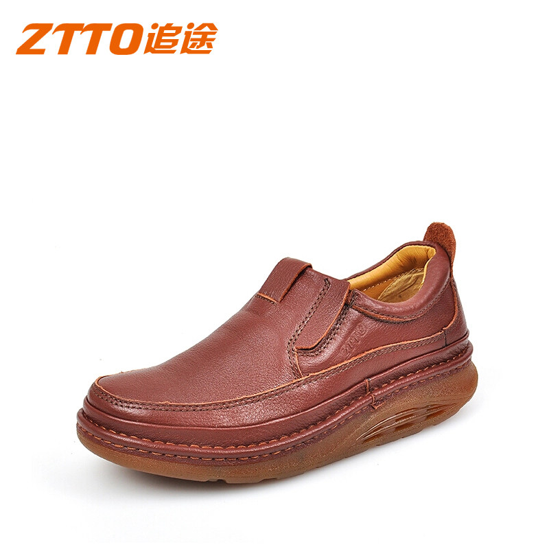 ZTTO增高厚底男休闲真皮套脚爸爸鞋中老年手工牛筋底圆头父亲皮鞋