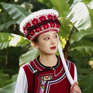 大理白族金花帽子传统刺绣手工头饰成人女士白族帽子民族特色旅拍