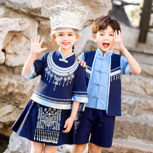 男童女童 夏季 民族风幼儿园班服纯棉短袖 苗族六一儿童民族演出服装