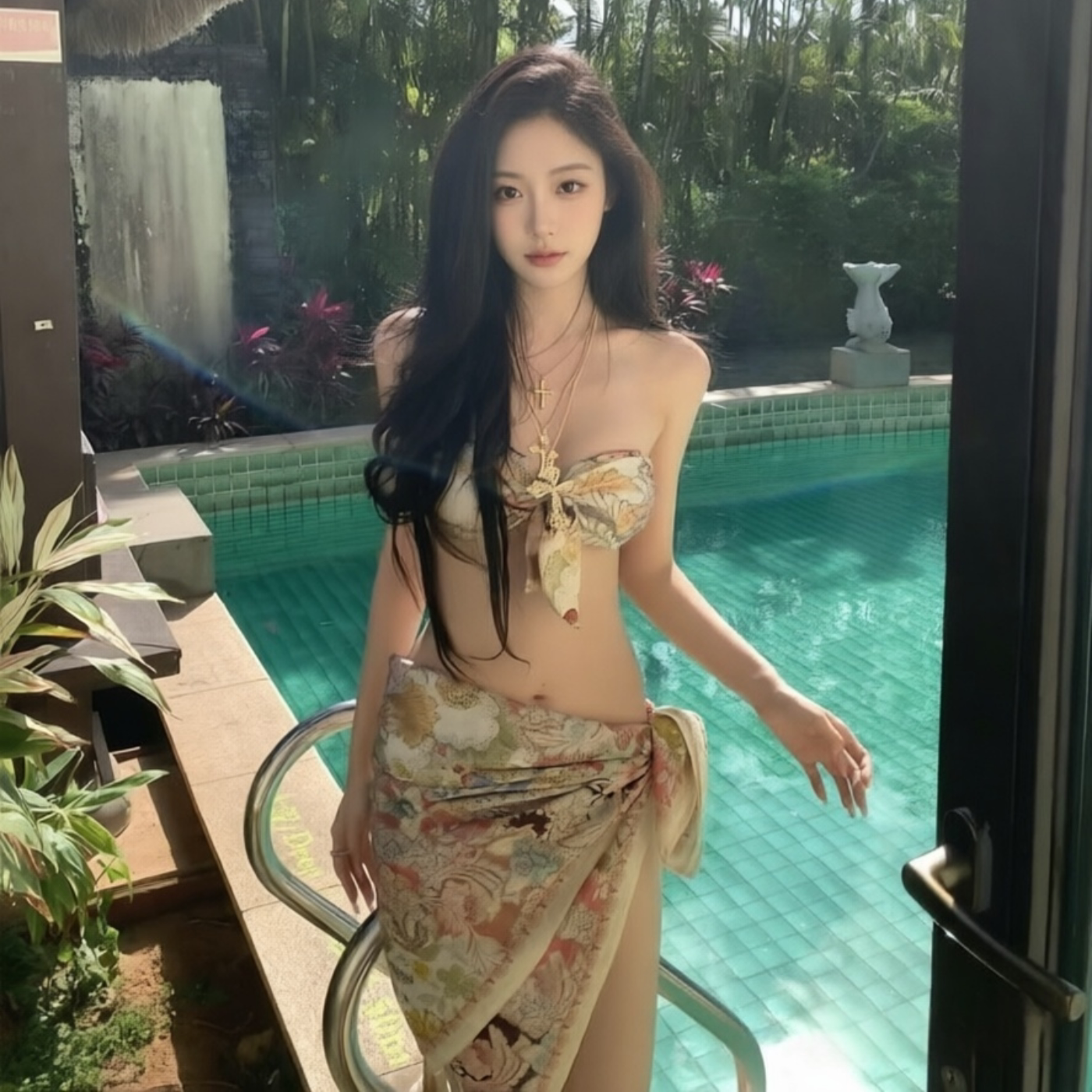 泳衣女辣妹性感印花分体比基尼裹裙三件套小胸聚拢显瘦海边度假风
