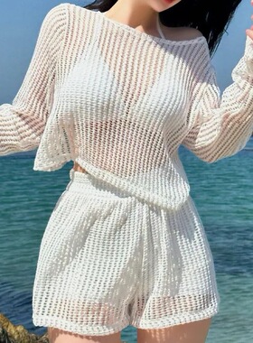 泳衣女白色镂空针织罩衫比基尼短裤三件套分体遮肉小胸聚拢度假风