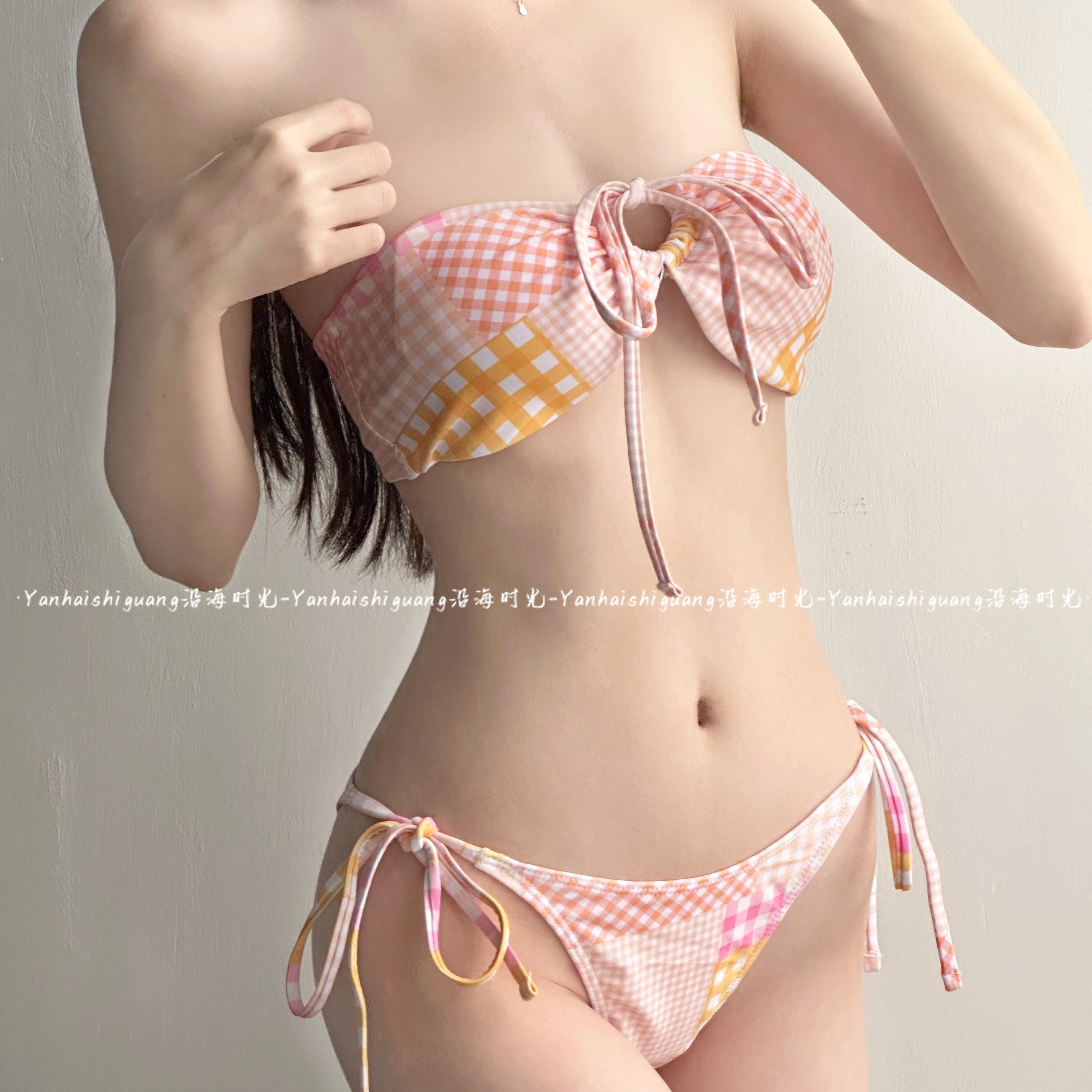 泳衣女性感比基尼格子聚拢三点式