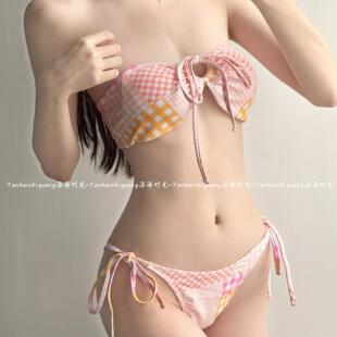 泳衣女性感比基尼清新格子聚拢三点式 显瘦分体三角度假温泉游泳装