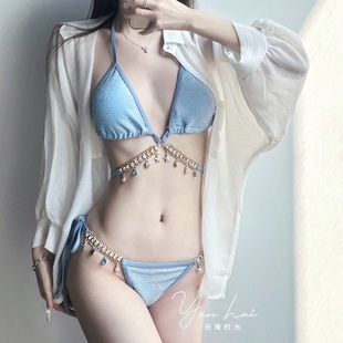 泳衣女人鱼钻链欧美纯欲风绑带三角比基尼三点式 ins 性感度假泳装