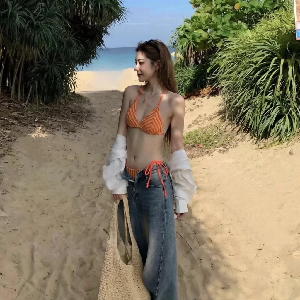 泳衣女分体性感条纹三角比基尼衬衫三件套小胸聚拢显瘦度假温泉