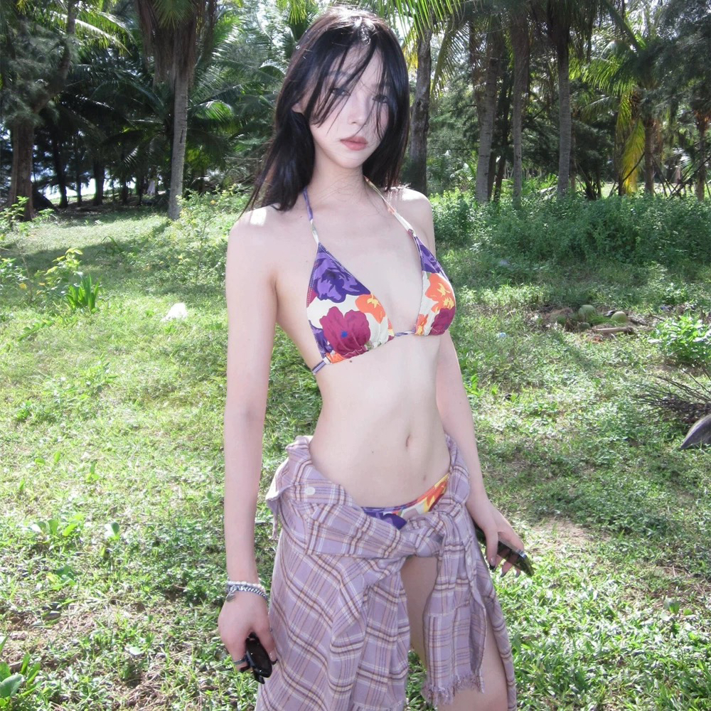 泳衣女复古印花辣妹三点式比基尼