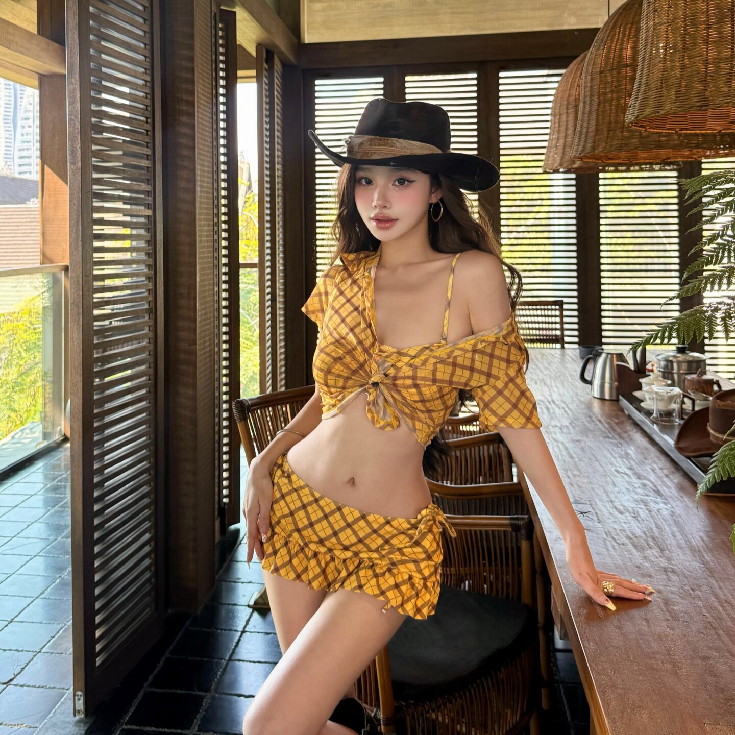泳衣女美式复古辣妹黄色格纹比基尼裙式四件套分体显瘦海边度假风
