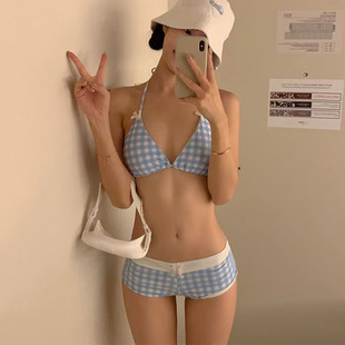 泳衣女纯欲性感辣妹格子挂脖比基尼分体平角两件套度假风温泉泳装