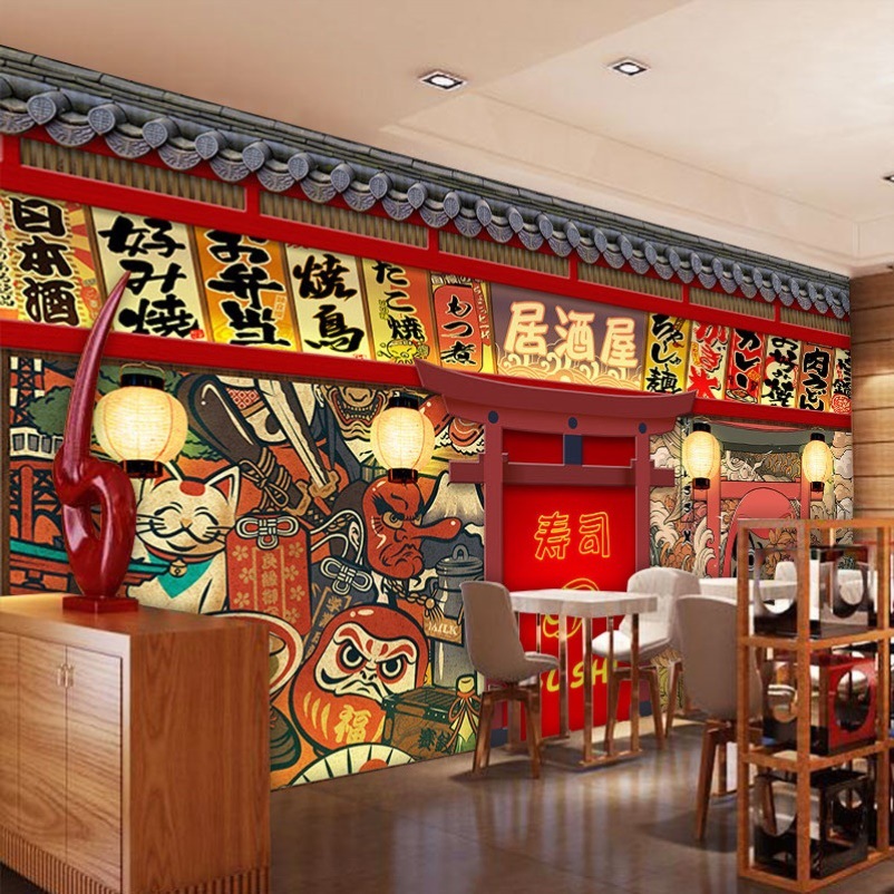 日式墙面装饰浮世绘壁纸日本居酒屋寿司店墙纸剧本杀餐厅背景壁画图片