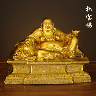 铜笑口常开弥勒佛摆件全铜托宝车载大肚佛办公室桌面小号元宝笑佛