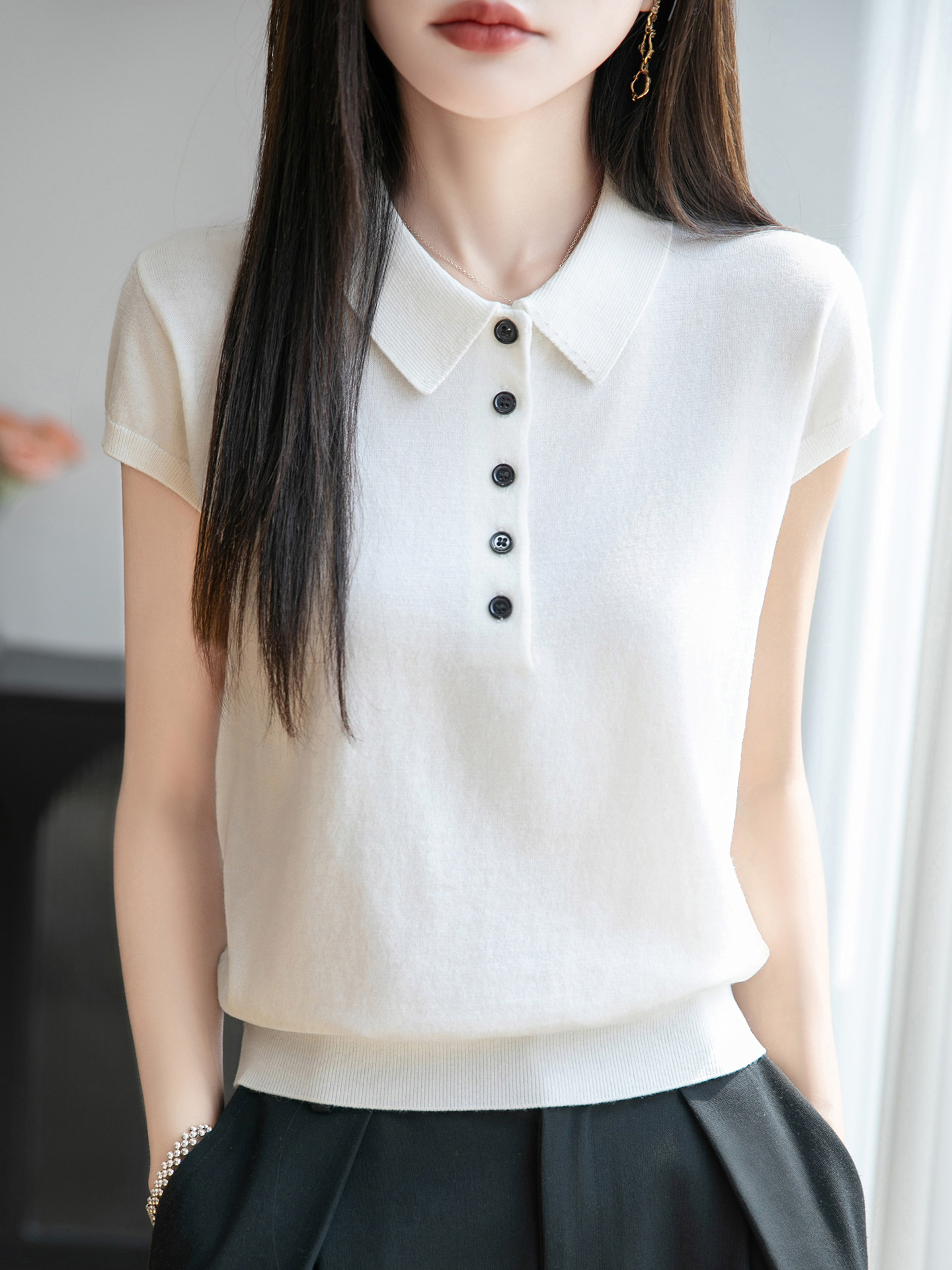 女夏季薄款POLO领莱赛尔针织短袖上衣白色针织衫翻领飞袖冰丝T恤