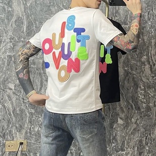 精神小伙潮男帅气修身纯棉t恤 网红潮流字母印花简约百搭圆领短袖