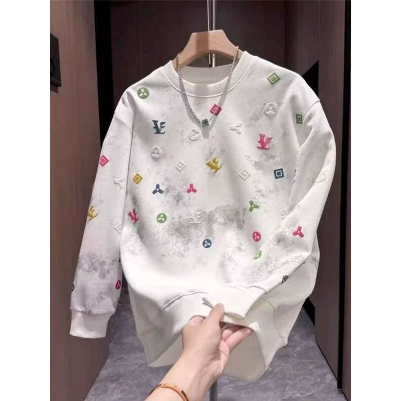 秋冬新款轻奢时尚字母发泡印花卫衣男士加绒加厚上衣潮流扎染长袖