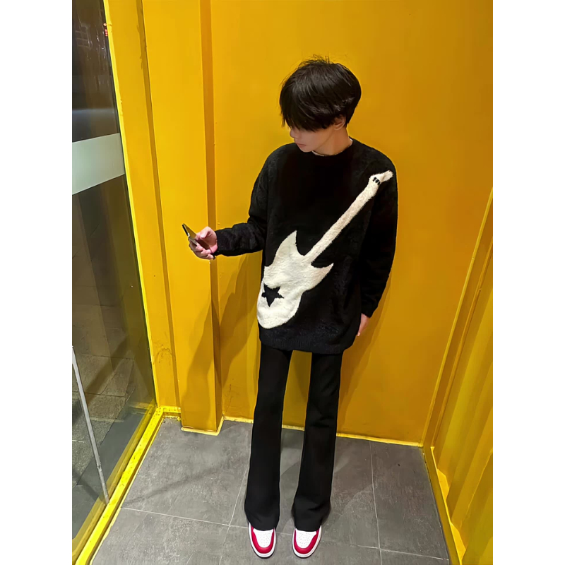 原创美式慵懒风电吉他圆领毛衣男套头秋冬季2025新款针织衫上衣