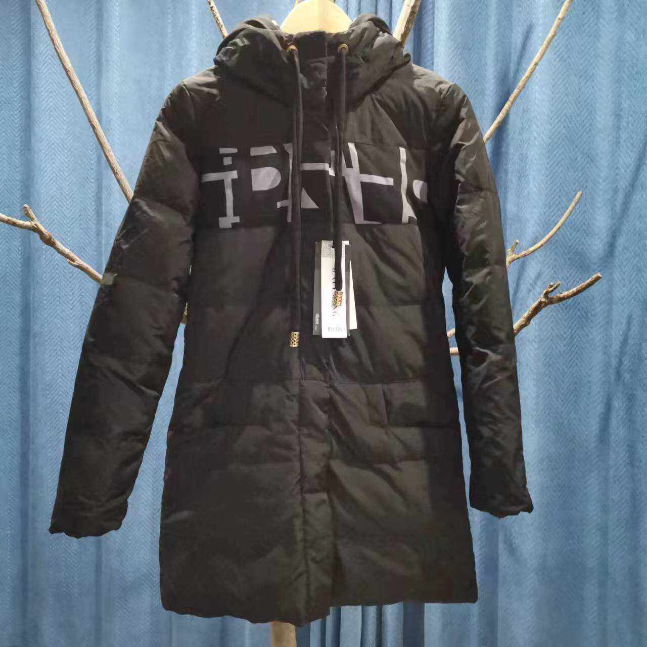 新款拼接女士中长款连帽羽绒服 黑色