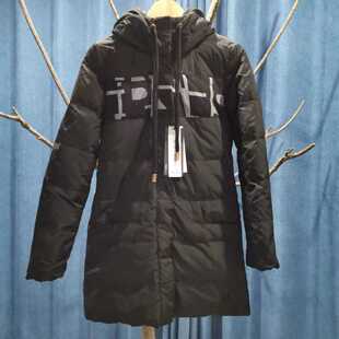 新款拼接女士中长款连帽羽绒服 黑色