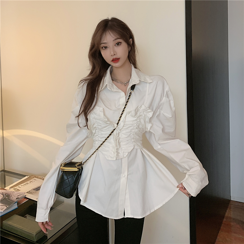 Real shot real price ~ shirt female Korean style wrinkle fake two white shirt cardigan long sleeve top fashion