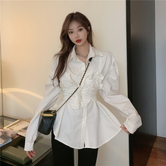 Real shot real price ~ shirt female Korean style wrinkle fake two white shirt cardigan long sleeve top fashion