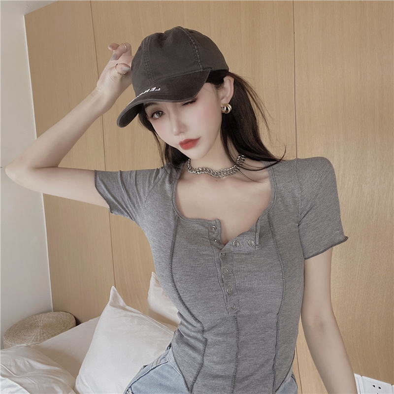 Real price ~ slim single breasted low crew neck short sleeve T-shirt women's solid color thread elastic base shirt