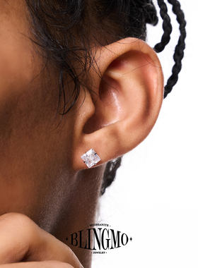 BLINGMO S999足银方形钻石纯银耳钉精致超闪男女美式四爪锆石耳钉