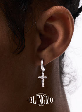 BLINGMO S925纯银无耳洞十字架耳环个性镶钻耳扣男女同款潮流耳饰