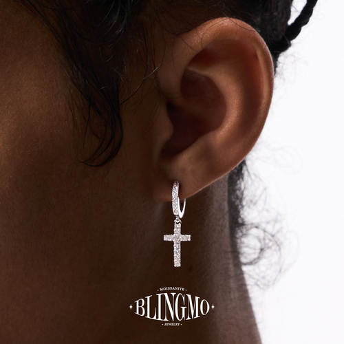 BLINGMO S925纯银无耳洞十字架耳环个性镶钻耳扣男女同款潮流耳饰