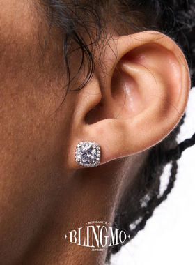 BLINGMO S925纯银D色莫桑钻冰糖方包满钻耳钉欧美潮流饰品情侣