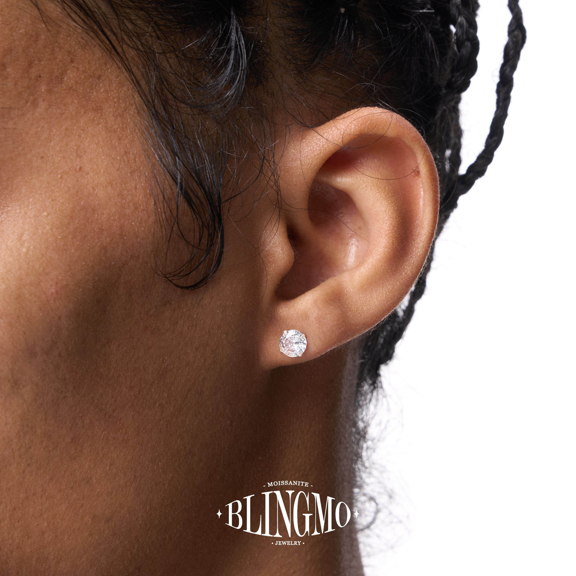 BLINGMO S999足银钻石耳钉男螺丝防掉养耳洞纯银免摘四爪锆石耳饰