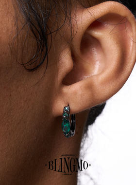 BLINGMO S999纯银荷鲁斯之眼耳环男士马眼石绿钻耳圈黑色耳钉男女