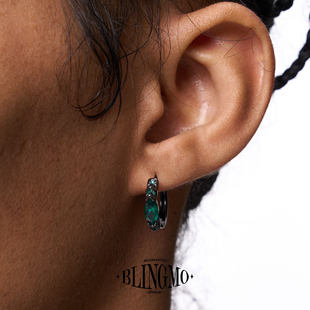BLINGMO S999纯银荷鲁斯之眼耳环男士马眼石绿钻耳圈黑色耳钉男女