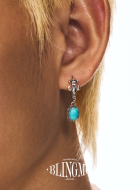 BLINGMO S925纯银天然绿松石鸢尾花椭圆做旧耳环耳坠男藏式耳圈