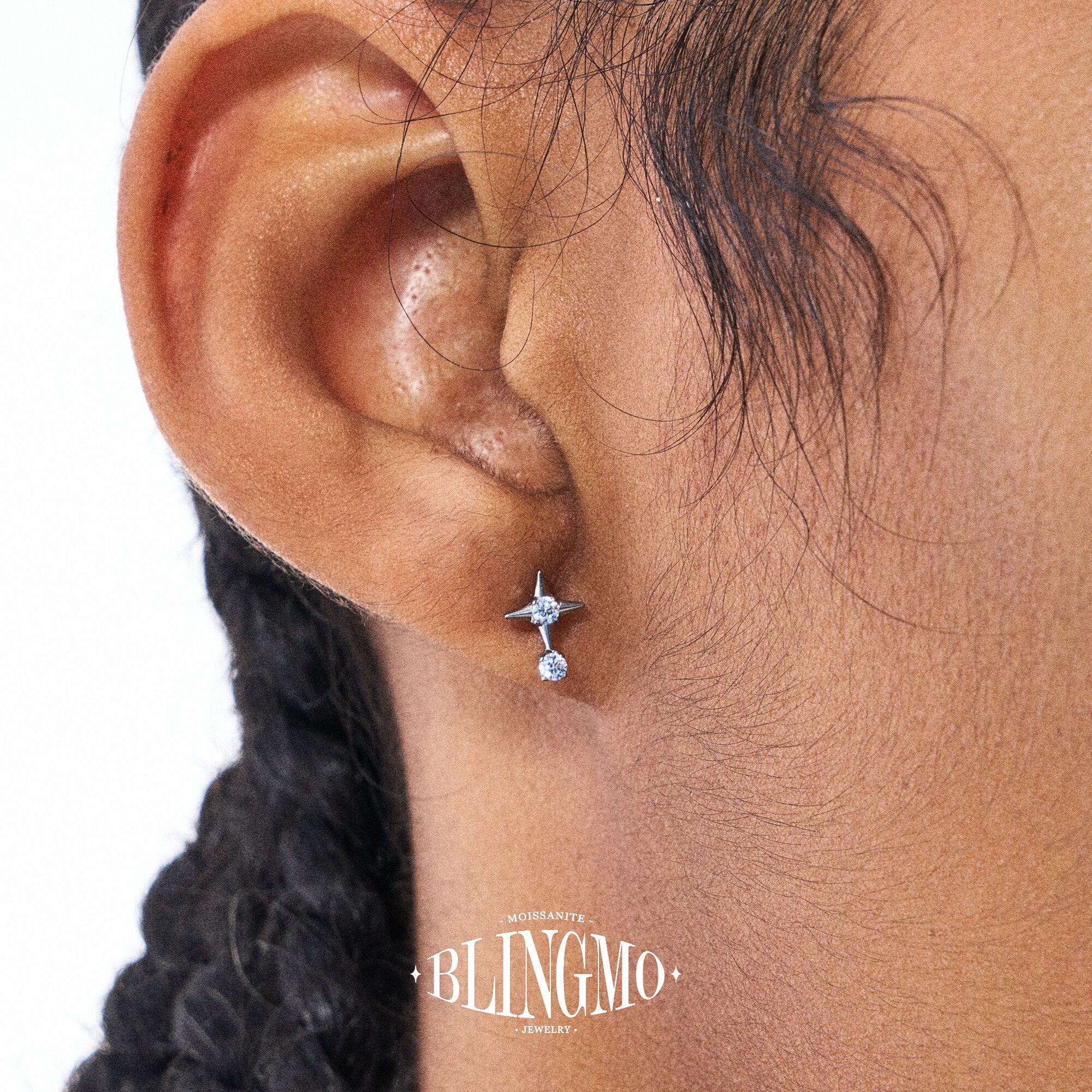 BLINGMO F136钛合金四芒星锆石十字星耳钉内螺旋养耳洞小巧耳饰