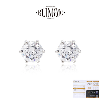 BLINGMO S925纯银D色莫桑钻六爪耳钉欧美嘻哈HipHop饰品情侣礼物