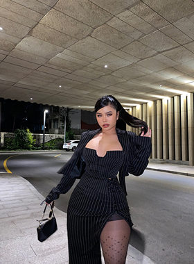 欧美性感开叉半裙条纹排扣