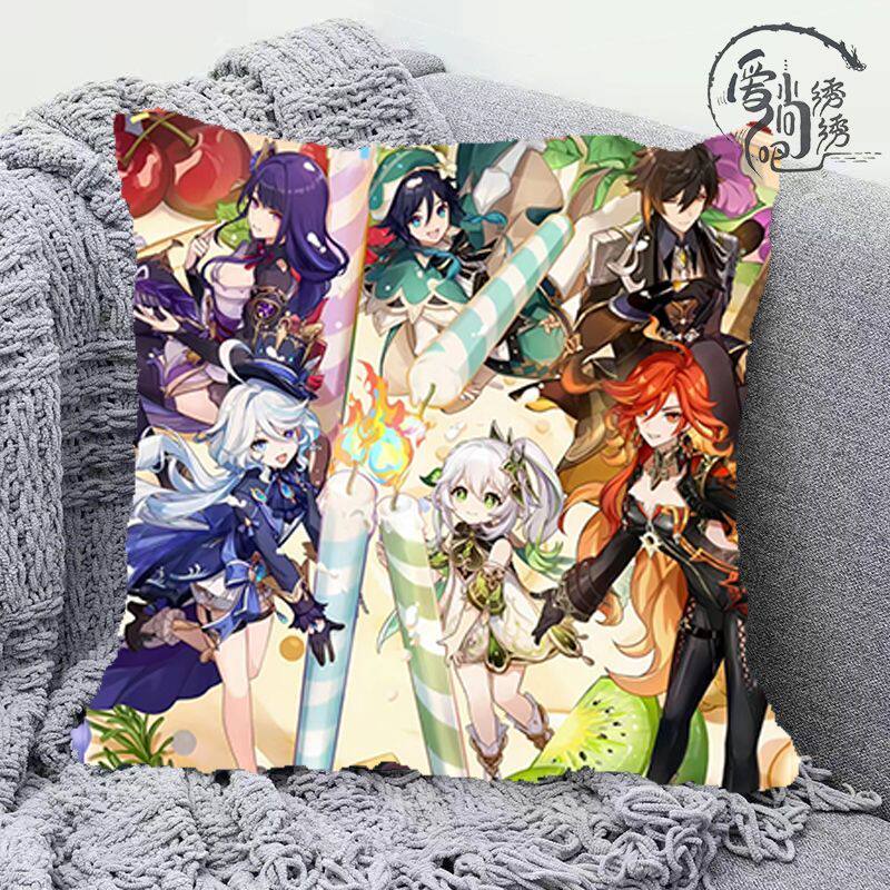 原神周年十字绣抱枕新款高颜值雷神钟离线绣枕套沙发靠枕diy刺绣