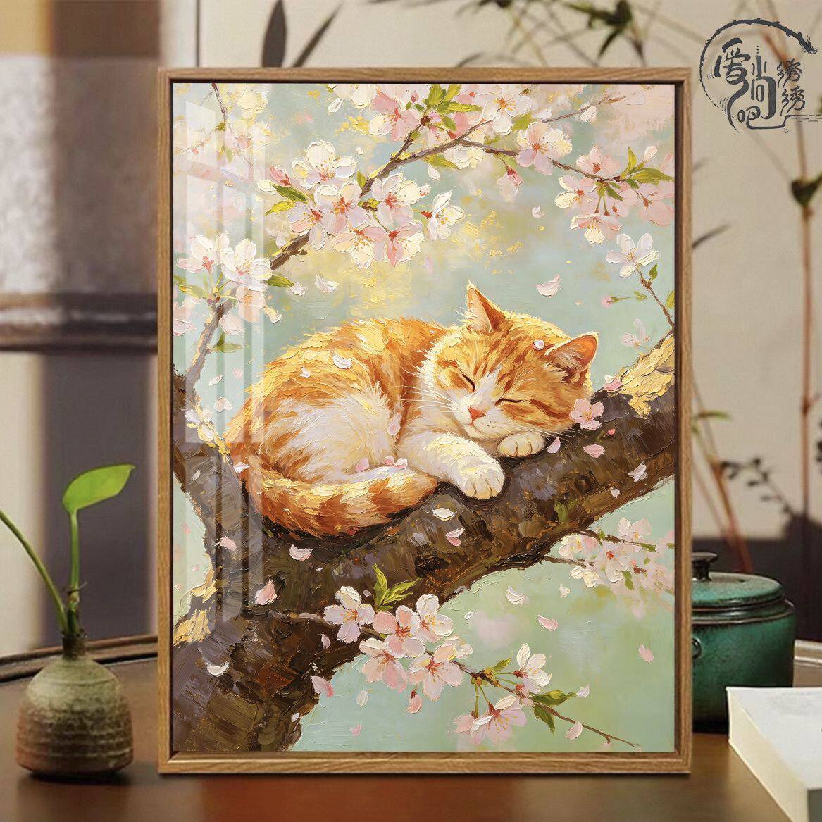 桃花小猫咪十字绣新款原创治愈动物风景线绣客厅卧室手工diy小件