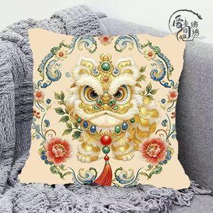 金狮献瑞十字绣抱枕中式牡丹喜狮线绣枕套沙发卧室手工绣diy靠枕