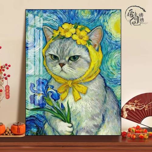 梵高戴头巾猫咪十字绣新款ins治愈橘猫文艺线绣客厅卧室手工绣diy