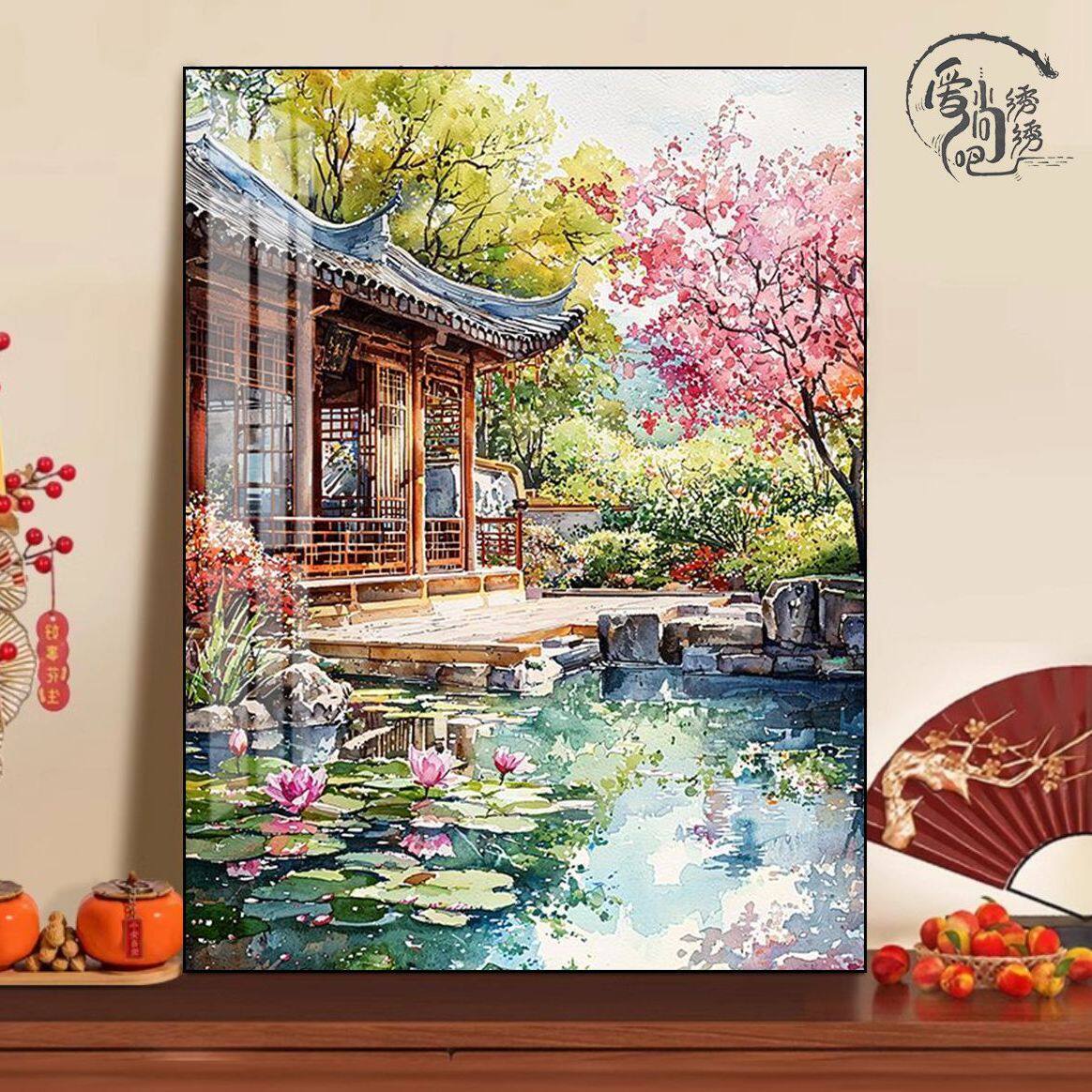 江南庭院桃花十字绣新款治愈系艺术风景线绣客厅玄关手工diy自绣