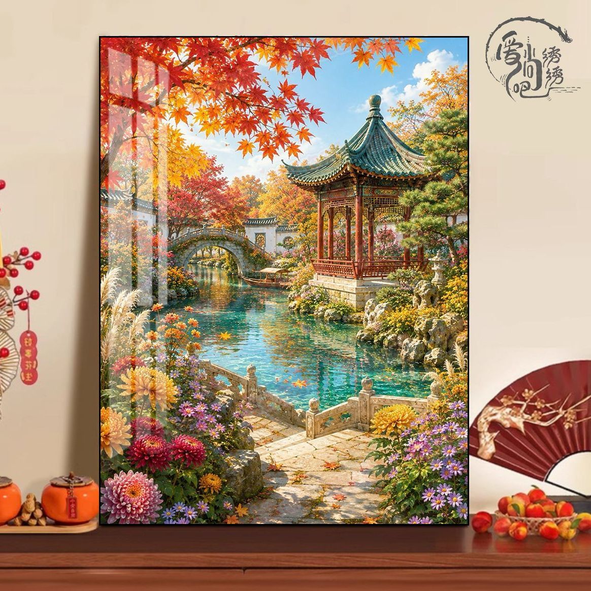 秋景园林庭院十字绣新款治愈系秋日小桥流水线绣客厅玄关diy刺绣