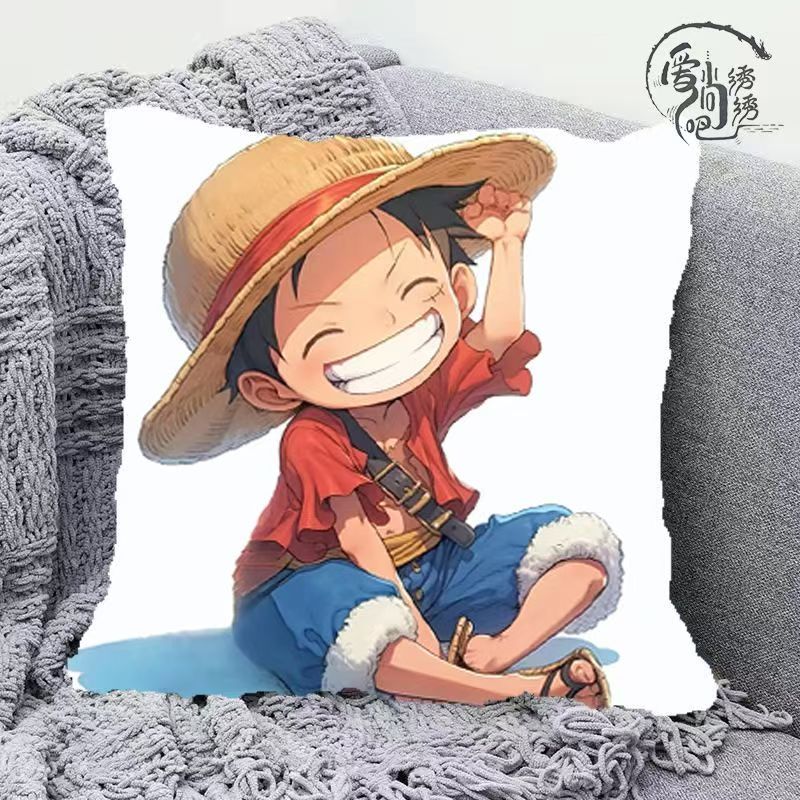 海贼王路飞十字绣抱枕新款Q版动漫线绣枕套沙发卧室靠枕diy手工绣